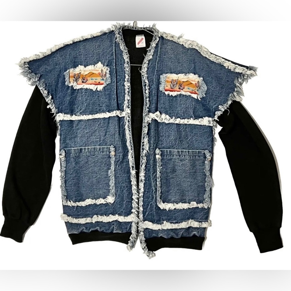 Women’s VTG 80s Jerzees Southwestern Style Denim Western Jacket Sweatshirt SizeL